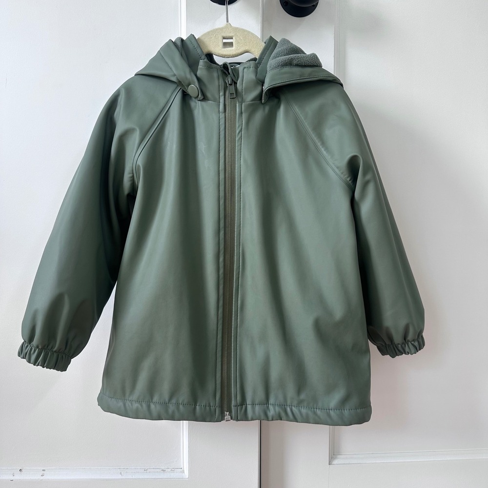 HM Kids Sage Green Fleece Lined Rain Jacket Detachable Hood Size 2-3Y